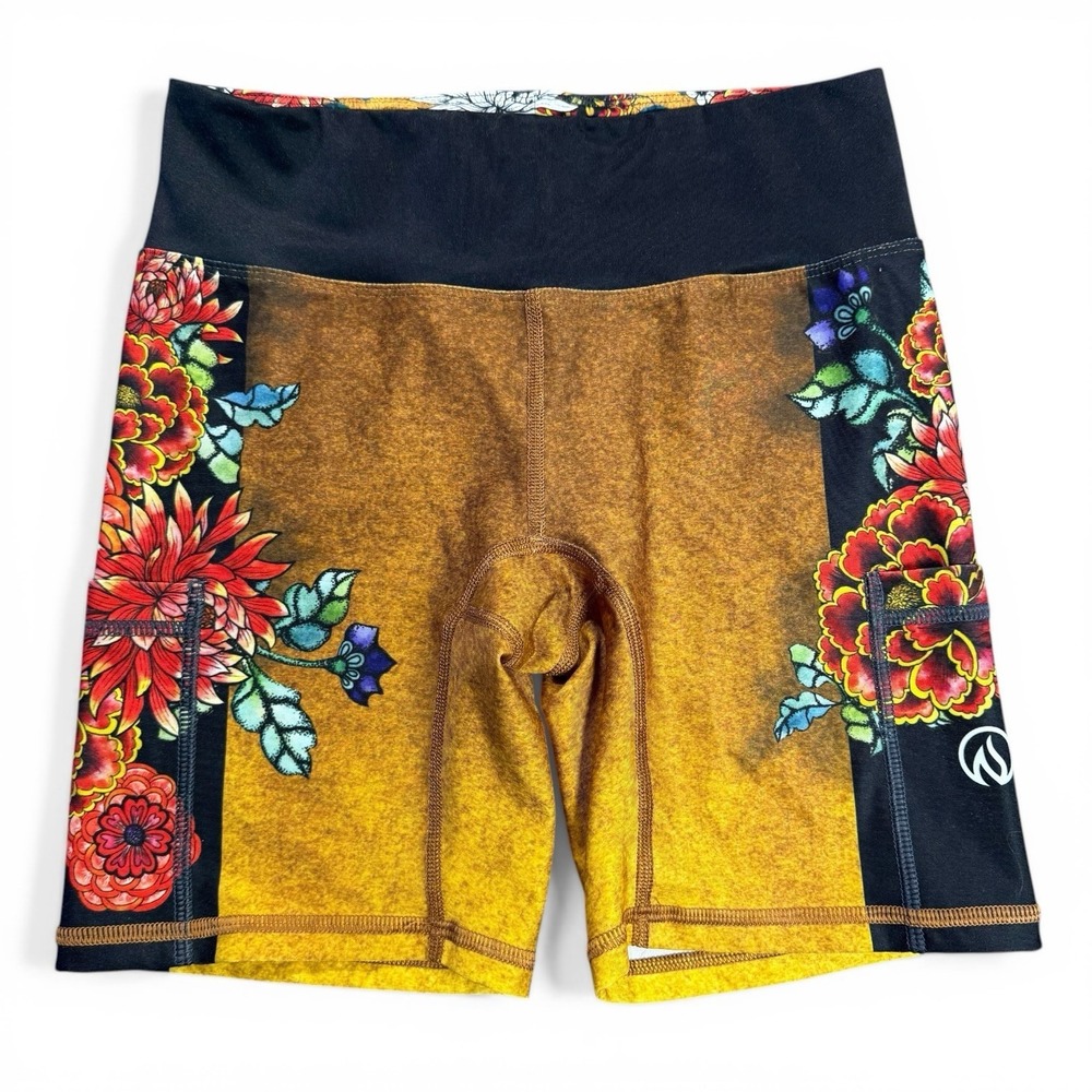 INKnBURN Womens 4 Gold Red 6-inch Short Compression Pockets Wearable Art Floral